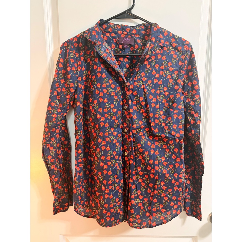 J.Crew Liberty Fabric Floral Poppy Button Down Shirt Navy Red Womens 6